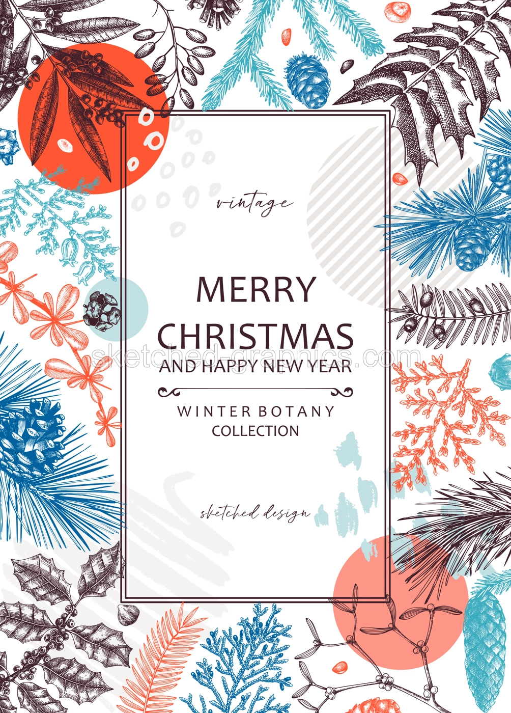 Merry Christmas card. Vintage frame with evergreen plants, conifers, cones drawing. Winter design with hand-drawn botanical illustrations. Christmas background. New Year invitation retro template Illustration